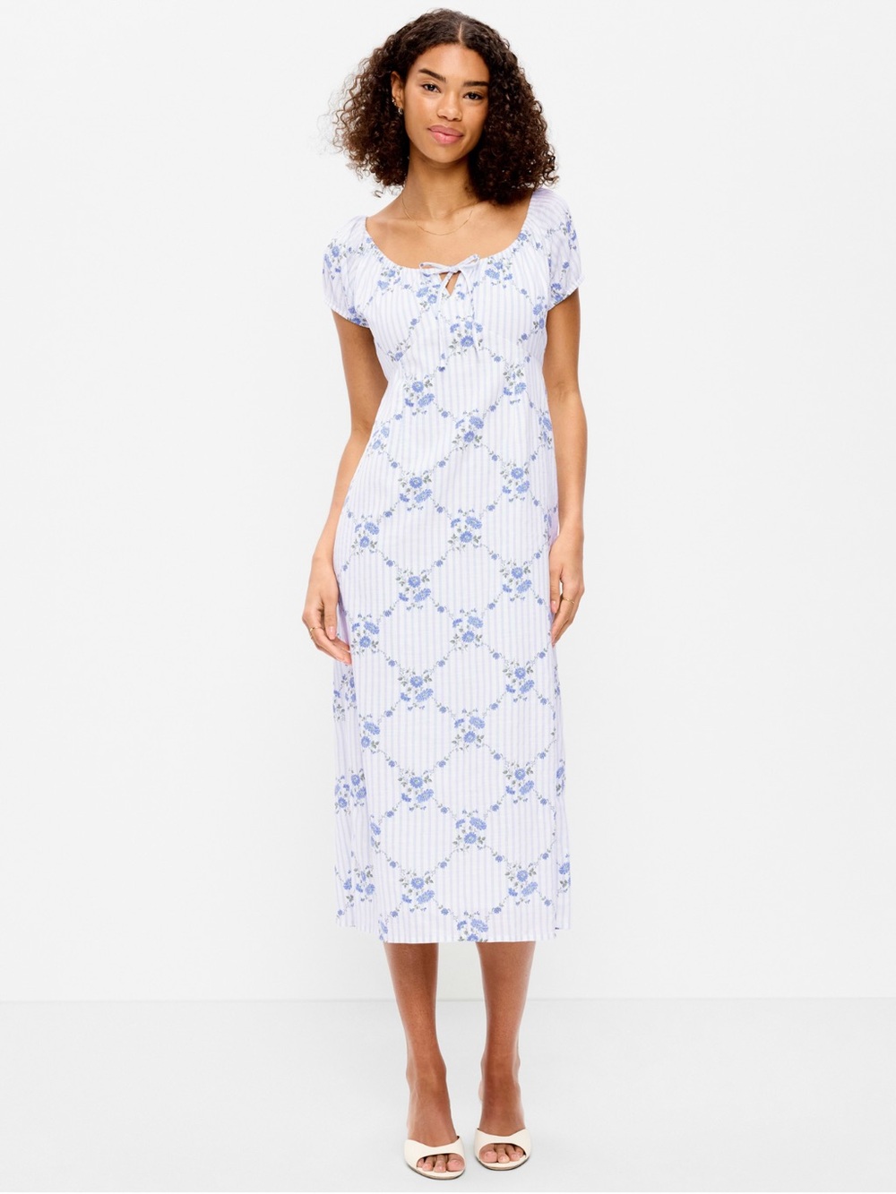 Old Navy White Midi Dress with Blue Floral Print